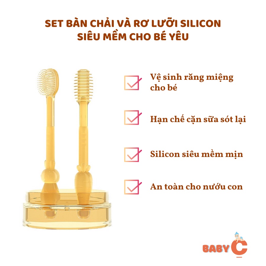 Set bàn chải và rơ lưỡi Vcool chất liệu Silicon phong cách Nhật Bản mềm mại an toàn cho bé-BaByC