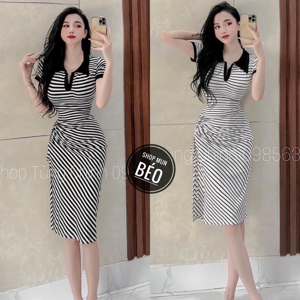 Đầm Body Cổ Trụ Rút Dây Xẻ Đùi Chất Thun Gân Sọc Ngang Thích Hợp Mặc Đi Tiệc Đi Làm Đi Chơi Phù Hợp Với Mọi Phong Cách