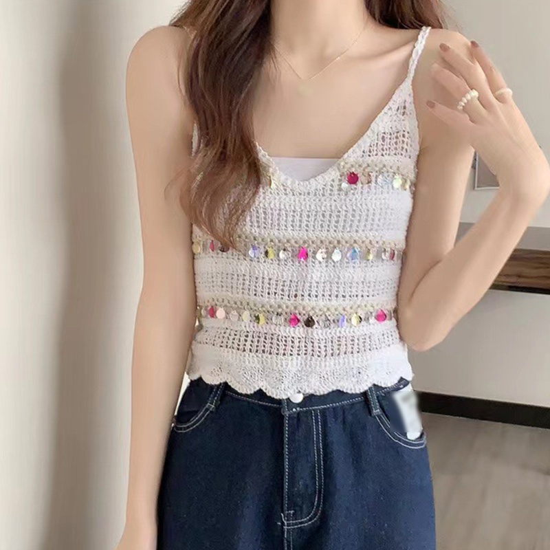 Áo Croptop Dệt Kim Sát Nách Cổ Chữ V Phối Tua Rua Đính Kim Sa Lấp Lánh Thời Trang Đi Biển Cho Nữ