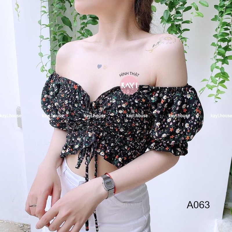 [Mã FAMAYWA giảm 10K đơn 50K] Áo croptop hoa nhún rút giữa tay ngắn - ảnh thật - A063