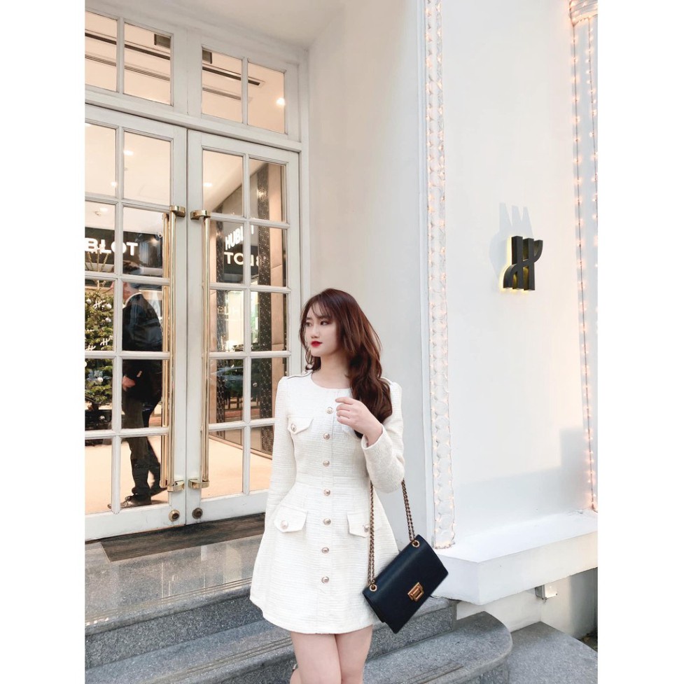 Váy Dạ Tweed nữ màu trắng phong cách Hàn Quốc, Đầm Dạ Nữ thiết kế cao cấp, 2 lớp dày dặn thấm hút mồ hôi cực tốt