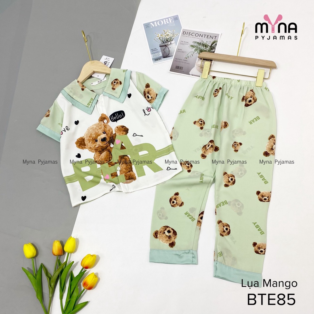 Bộ đồ ngủ trẻ em cộc dài cổ nhọn chất lụa mango mịn mát in hình siêu cute cho bé từ 10-28kg