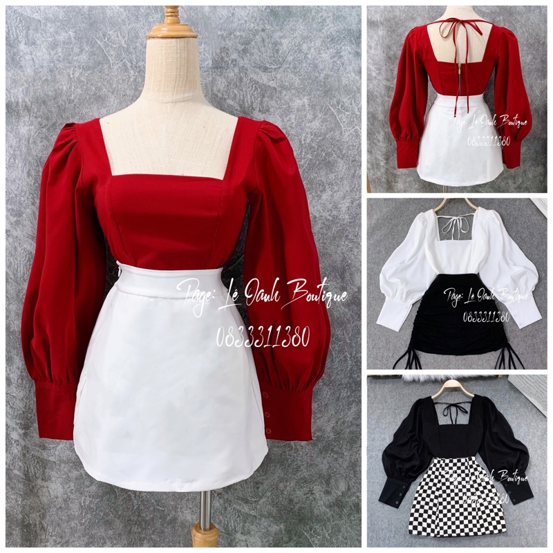 ❖♀☍Áo cổ vuông tay phồng thắt nơ sau dáng Croptop A46 | BigBuy360 - bigbuy360.vn