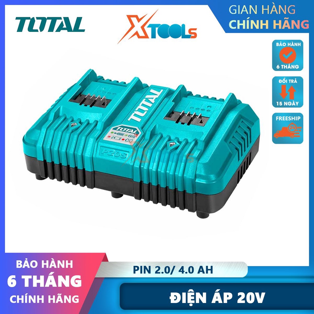 Bộ sạc pin đôi siêu nhanh TOTAL TCLI2034 điện áp đầu ra 21V, dòng điện sạc 4Ah, sạc pin 2Ah trong 30ph-CHÍNH HÃNG-XTOOLS