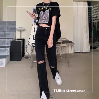 ULZZANG Quần jeans ống loe xẻ tà HOT TREND 2021 phong cách Hàn Quốc