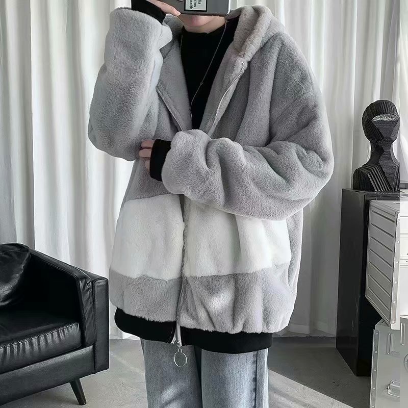 Áo khoác có nón trùm dáng rộng bằng lông cừu phối khóa kéo thời trang Hàn Quốc cao cấp cho nam