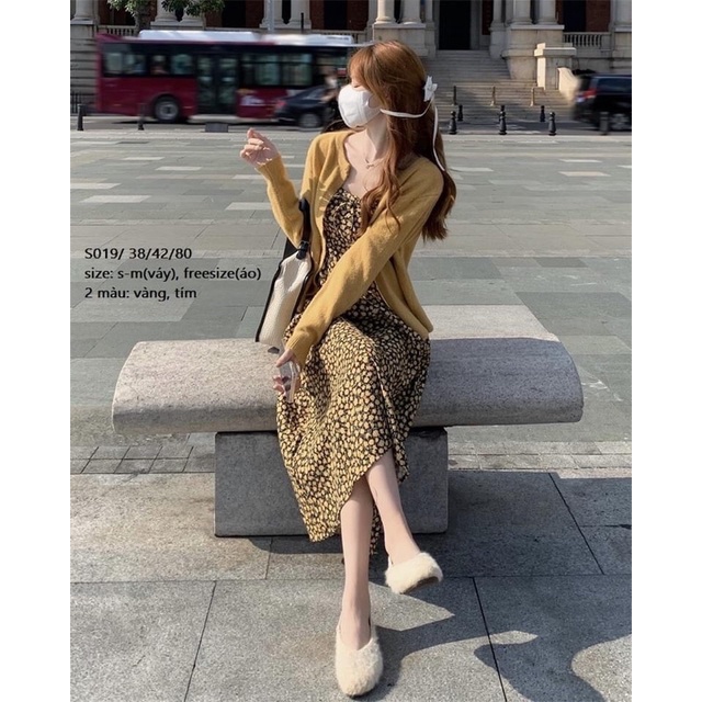Set váy hoa nhí dáng chữ A + áo khoác len Cardigan siêu hot hit