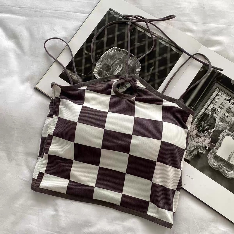 áo 2s 2 dây tăm dây ô vuông caro - ô bàn cờ kiểu dây buộc cổ hot hit (13691#) có mút ngực liền áo