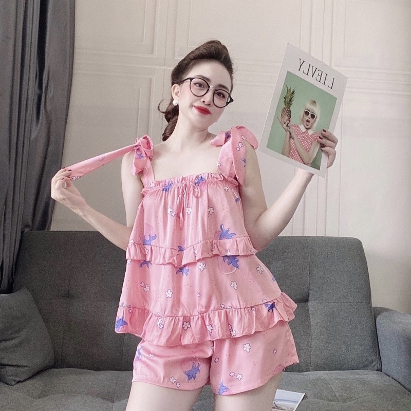 Đồ ngủ lụa latin cao cấp 2 dây cột nơ bảng to hoạ tiết dễ thương freesize 42-57kg