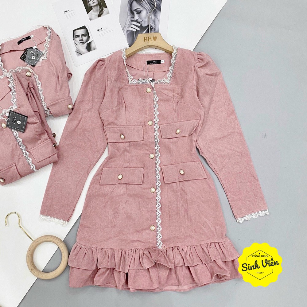 [Hàng chuẩn] Váy Nhung Tăm 👗Viền Ren Màu Hồng Đuôi Cá, Váy Nhung Đuôi Cá Phong Cách Hàn Quốc | BigBuy360 - bigbuy360.vn