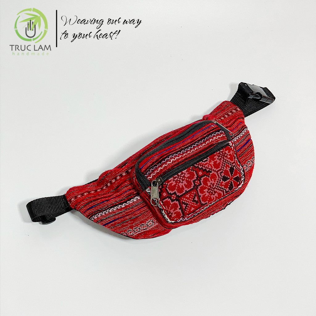 Túi Đeo Bụng Túi Bao Tử Vải Thổ Cẩm Phối Da Lộn Họa Tiết Dân Tộc Thêu Tay  - Trúc Lâm Handmade
