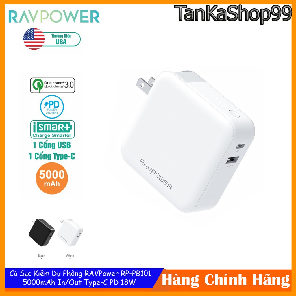 Củ Sạc Nhanh Kiêm Pin Dự Phòng RAVPower 5000mAh RP-PB101 Tích Hợp Usb-C In/Out Hỗ Trợ PD 18W và QC 3.0