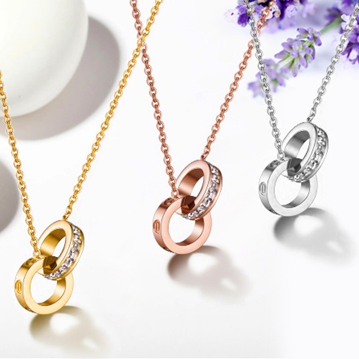 Dây chuyền titan nữ 2 nhẫn lồng đính đá siêu đẹp, bền màu, hợp thời trang, dễ phối đồ