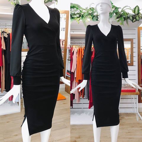 Đầm ôm body cổ tim xéo , tay dài , nhún sườn , xẻ đùi