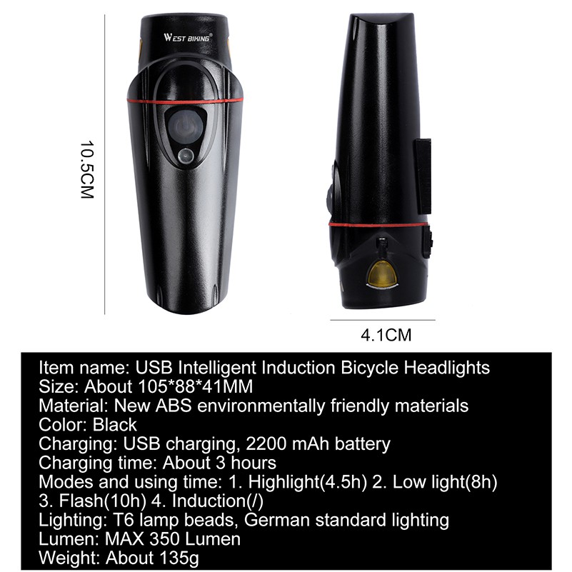 Đèn Chiếu Sáng WEST BIKING Dùng Cho Xe Đạp Cảm Biến Tự Động Sạc USB 350 Lumen