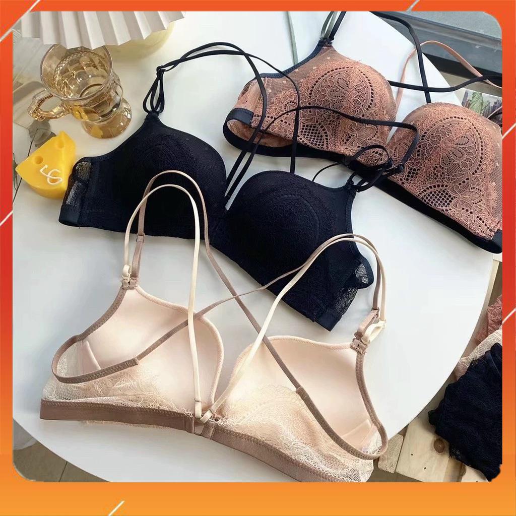 Áo lót nữ ren cao cấp cài trước không gọng nâng đẩy ngực cup chéo đệm mút mỏng dây mảnh A7352