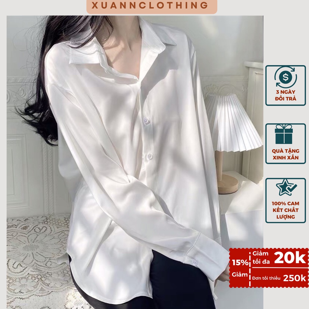Áo sơ mi nữ trắng phong cách Hàn Quốc dáng rộng trùm mông vạt đuôi tôm XUANNCLOTHING - mã SMDT1