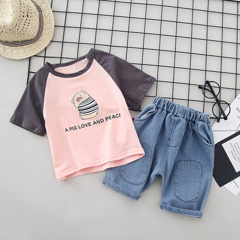 Set áo thun tay ngắn in hình và quần ngắn jeans cho bé trai 1-5 tuổi