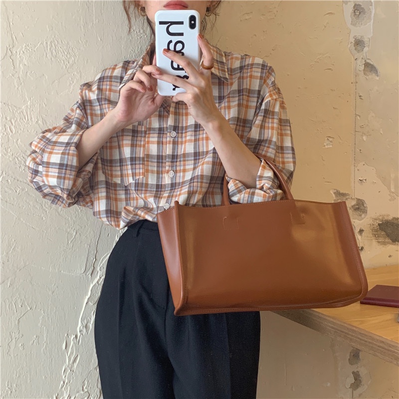 SUXI Áo Sơ Mi Tay Dài Form Rộng Họa Tiết Sọc Caro Phong Cách Retro Hàn Quốc