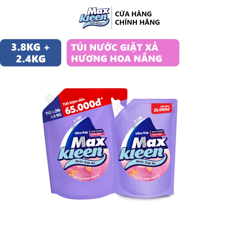 Combo 2 Túi Nước Giặt Xả MaxKleen Hương Hoa Nắng 3.8kg + 2.4kg