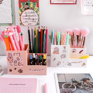 [Tặng Kèm Sticker] Ống Đựng Bút Nhựa Để Bàn 4 Ngăn Màu Pastel Phong Cách Hàn Quốc