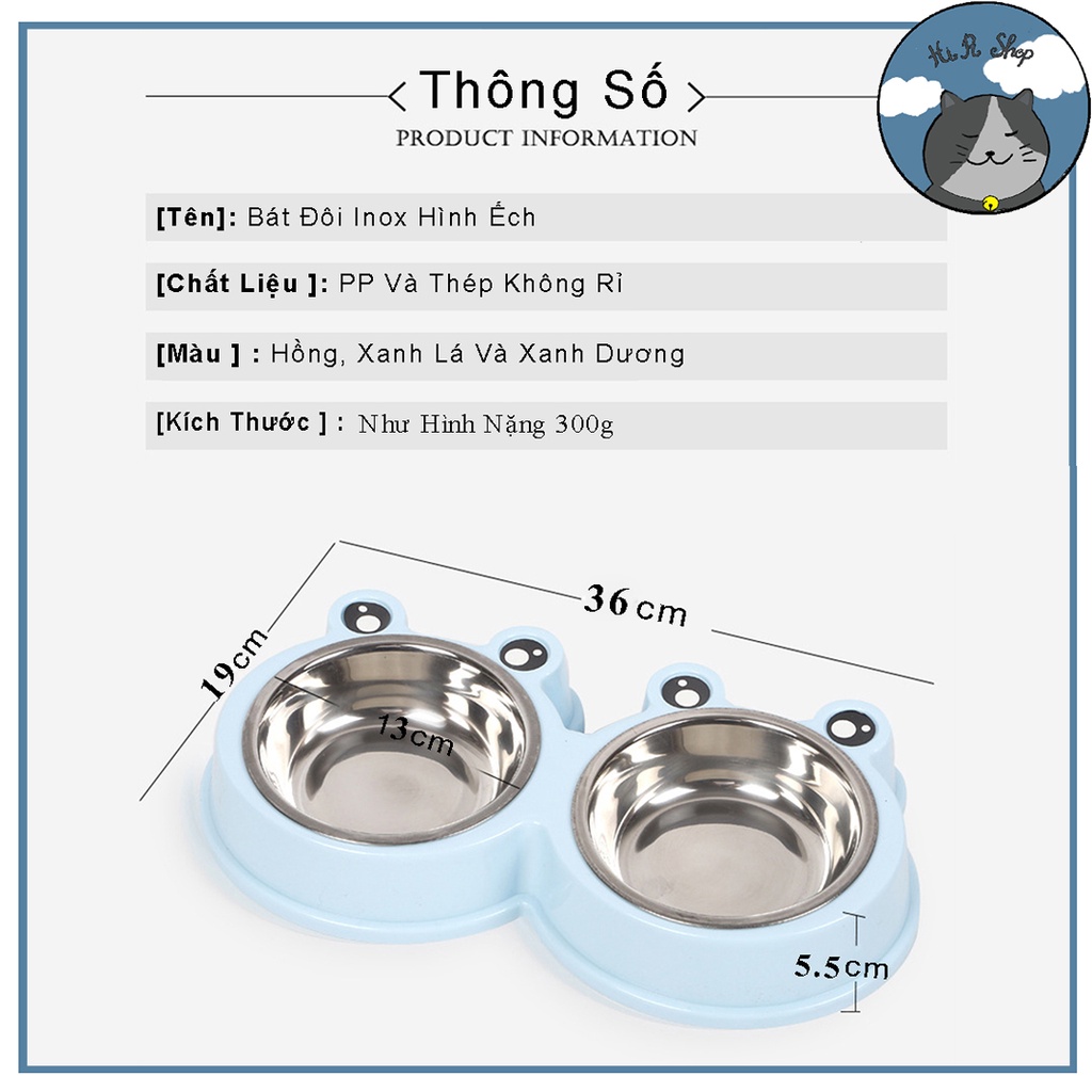 (Size Đại) Bát Ăn Hai Ngăn Hình Ếch Ngộ Nghĩnh Cho Thú Cưng Bát Đôi Chất liệu Inox Thép Không Rỉ Dành Cho Chó Mèo