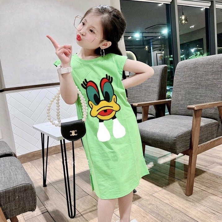 Đầm suông xẻ tà hình vịt SUN KID'S, Váy bé gái cute chất cotton size nhí cho bé từ 7 đến 18 kg