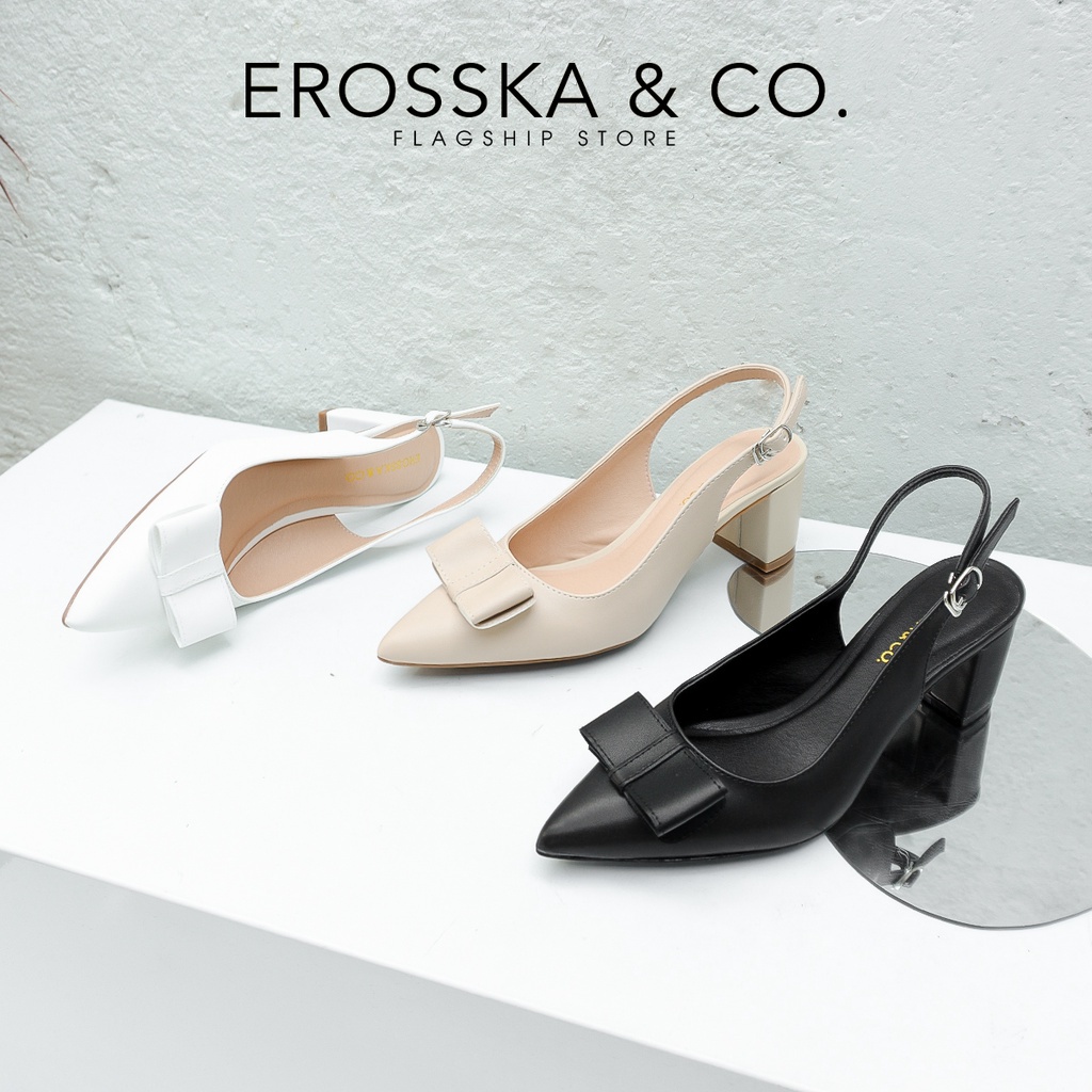 Giày cao gót Erosska 2022 mũi nhọn phối quai đính nơ cao 6,5cm màu nude - EH034