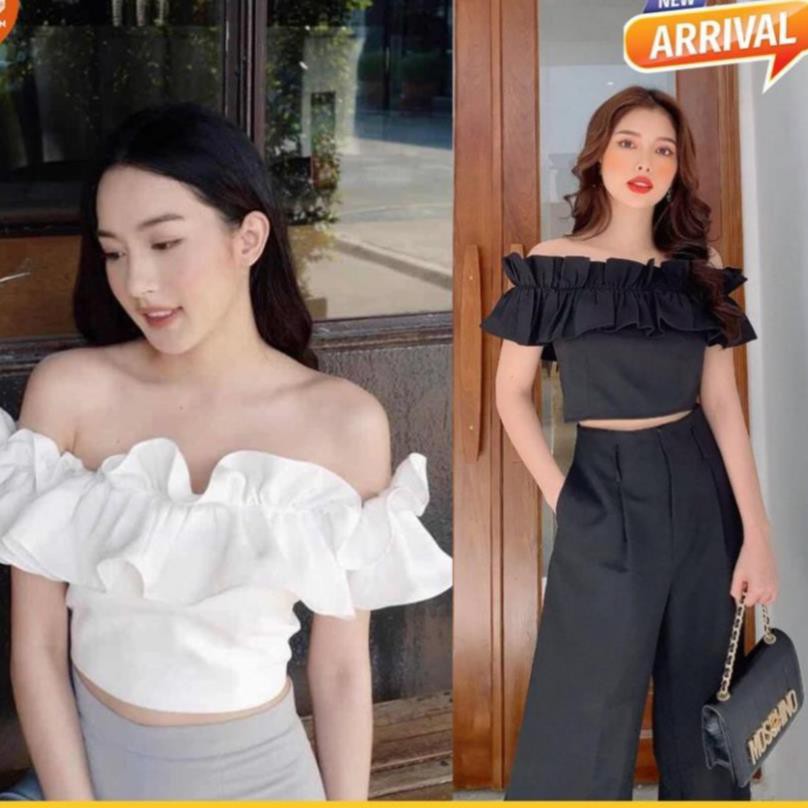 Áo trễ vai croptop nữ nhún bèo freesize, áo hở vai màu trắng dưới 55kg | BigBuy360 - bigbuy360.vn