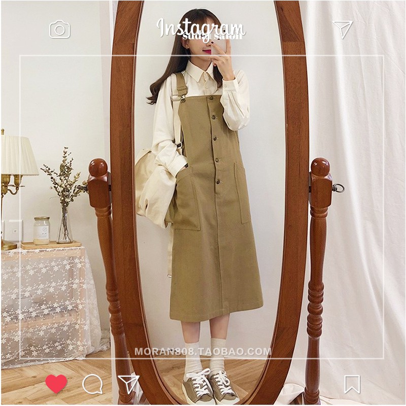 Váy yếm kaki dáng suông dài MORAN Hàn Quốc style đáng yêu