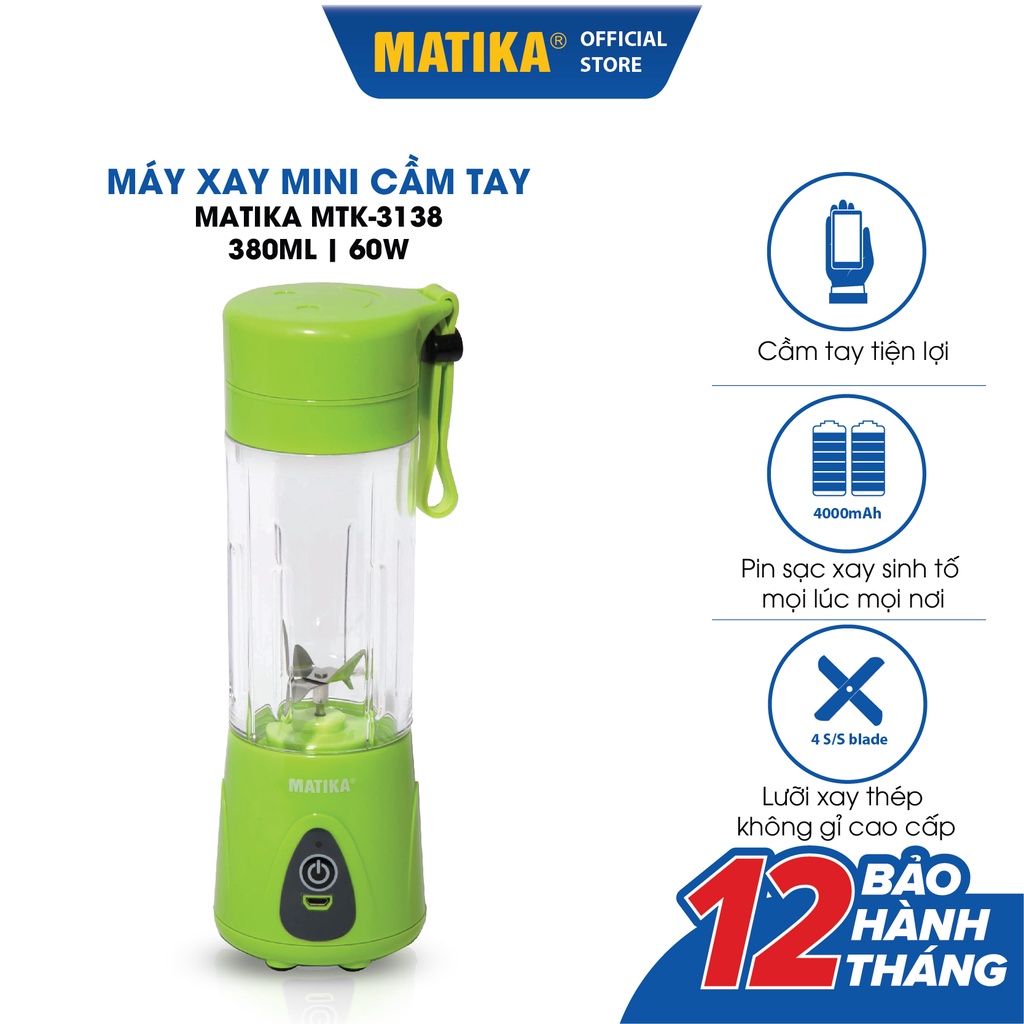 Máy Xay Sinh Tố Mini MATIKA 380 ml Có Cổng Sạc USB MTK-3138