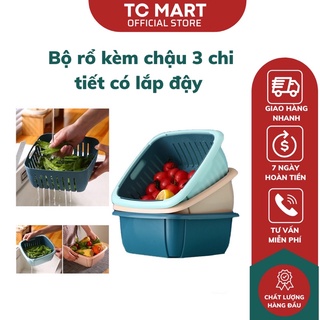 Bộ Rổ Nhựa Kèm Chậu Đựng Rau Trái Cây Có Nắp Đậy Kèm Lỗ Thoát Nước 3 Trong 1 Đa Năng