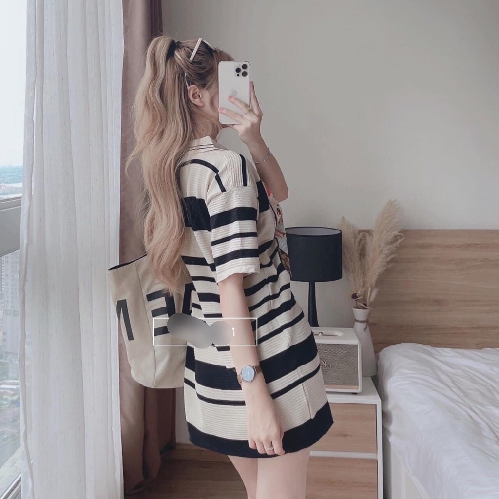 Đầm len suông cổ sơmi kẻ ngang thêu hình Thỏ năng động, chất vải chuẩn Quảng Châu - HOT
