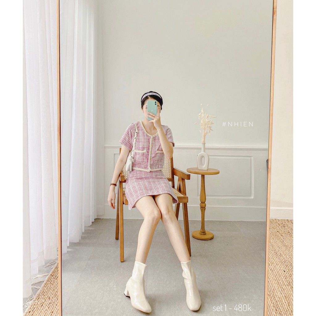 Set áo + chân váy dạ tweed thiết kế cao cấp Nhienvintage _SET1
