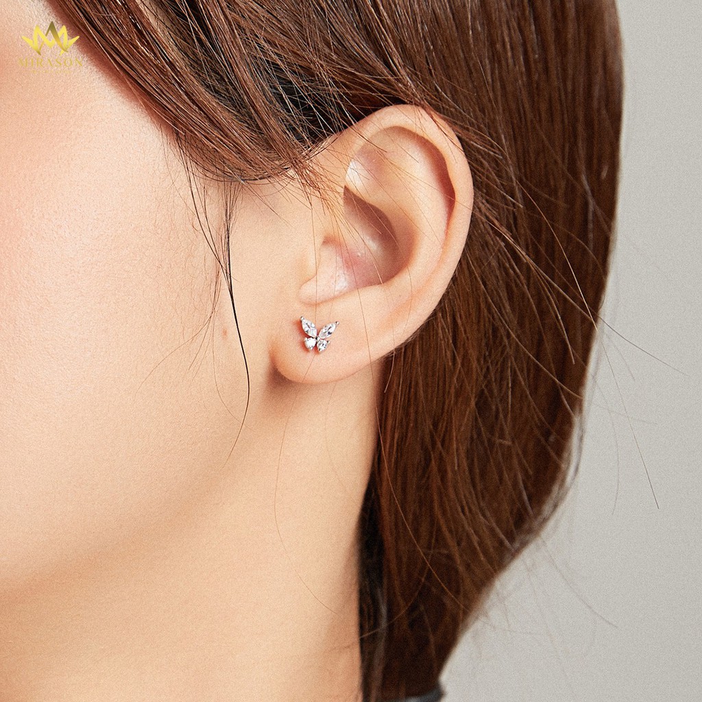 Khuyên Tai Bạc Nữ Cỏ Bốn Lá Hồng Và Bướm Trắng May Mắn, Chốt Bi Sang Trọng MBT225 - Bông Tai Nữ Cao Cấp