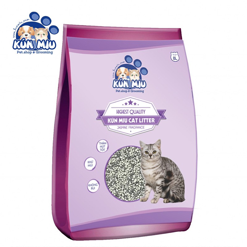 Cát vệ sinh cho mèo Kún Miu hương hoa nhài 8L Tinh chất bentonite, than hoạt tính và zeolite cao cấp(giao hàng nhanh)