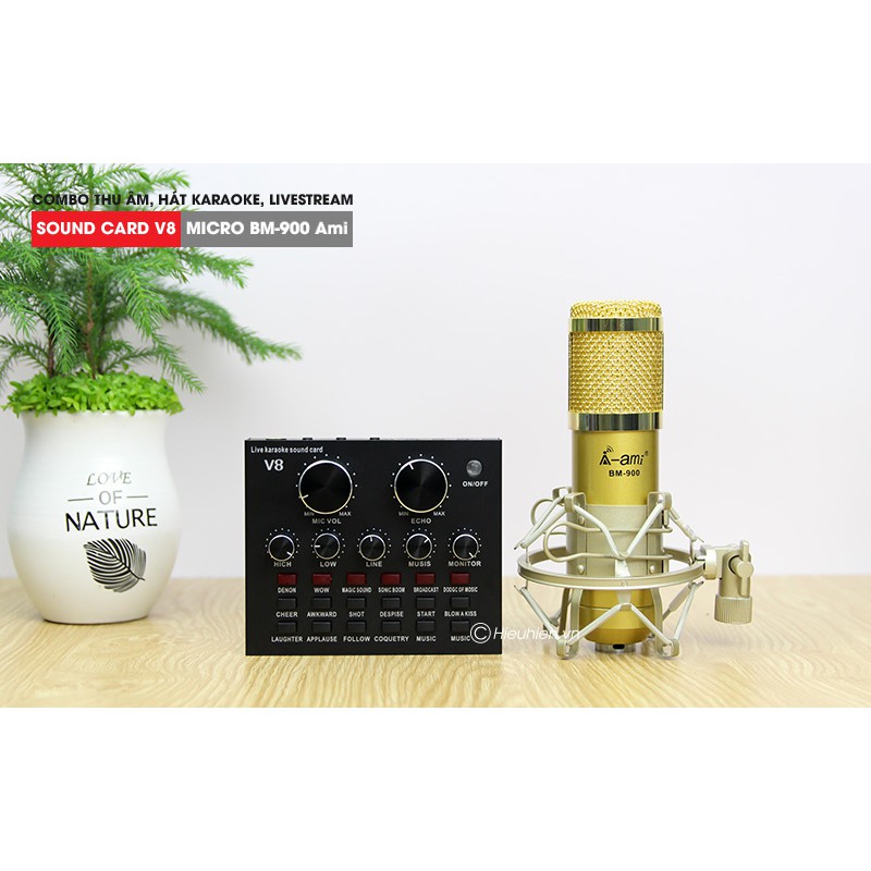 COMBO MICRO AMI BM 900 + SOUND CARD V8 - THU ÂM HÁT LIVE STREAM HÍA  SĨ