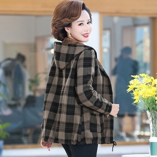 Áo khoác bông gai kẻ sọc dáng rộng thích hợp phụ nữ trung niên