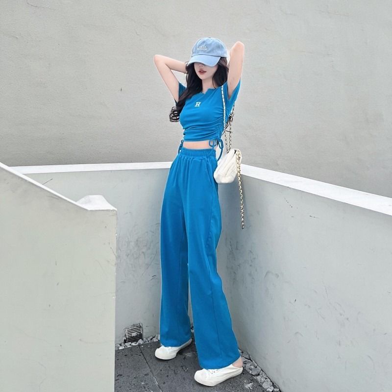 Set áo ngắn tay + quần dài ống rộng phong cách đường phố thời trang hè cho nữ