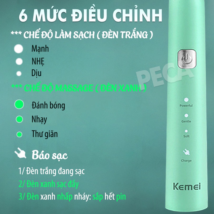 Bàn chải đánh răng điện KEMEI KM-YS713 công nghệ rung siêu âm sạch gấp 200 lần bàn chải thường Tặng kèm 5 đầu bàn chải