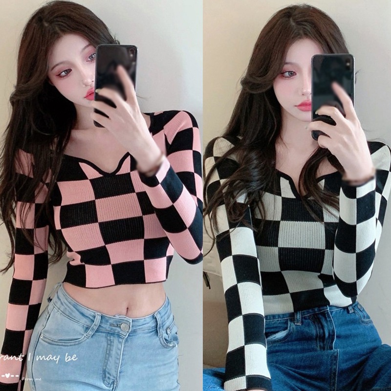 Áo Croptop Dệt Kim Tay Dài Thiết Kế Quyến Rũ