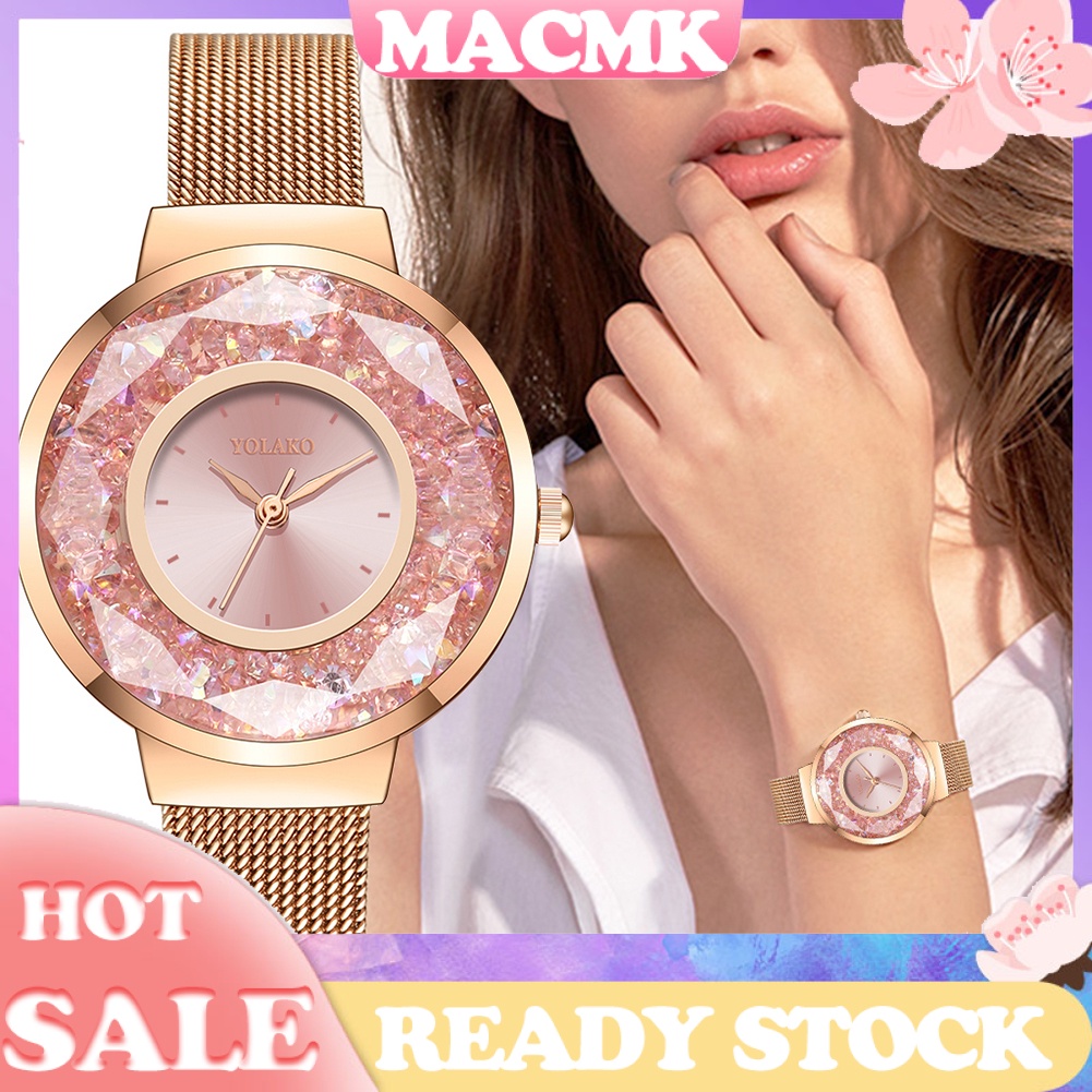 MACmk YOLAKO Women Quicksand Rhinestone Round Dial Mesh Band Analog Quartz Wrist Watch