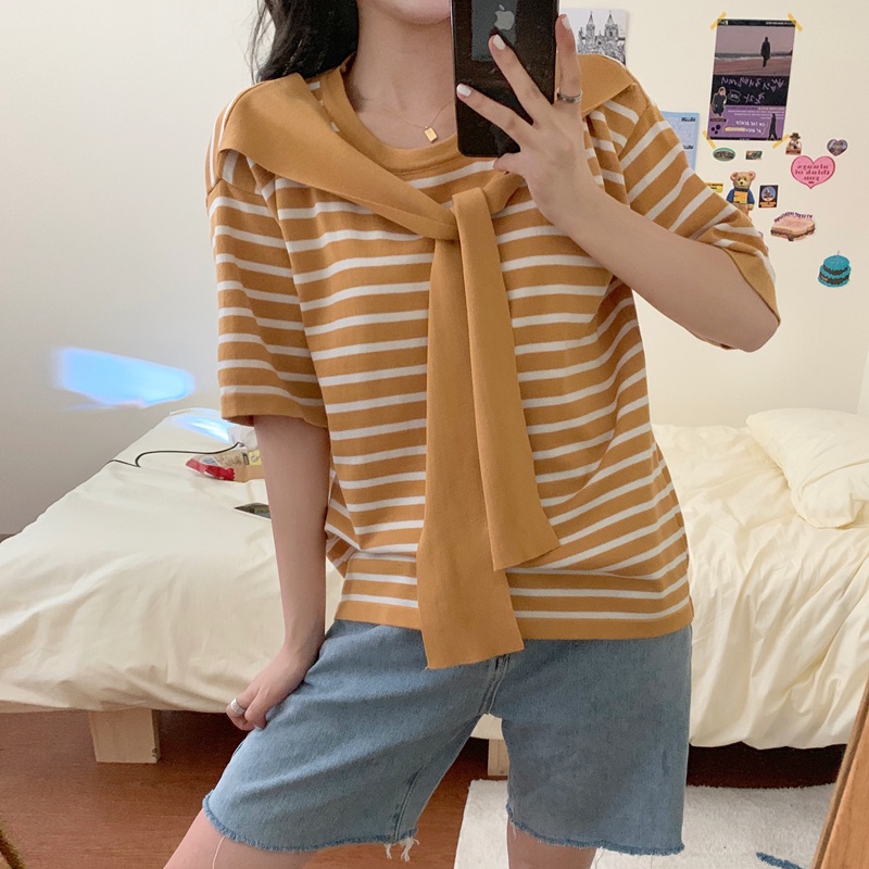 Áo Thun Tay Ngắn Cổ Tròn Phối Khăn Choàng Họa Tiết Kẻ Sọc Thời Trang Mùa Hè Hàn Quốc Mới Cho Nữ