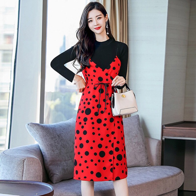 Đầm nữ cao cấp thiết kế chấm bi phối 2 mầu đỏ đen nổi bật NP86