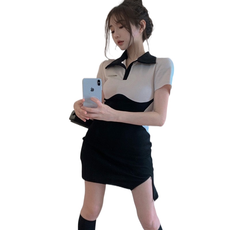 Đầm Ngắn Cổ Polo Màu Sắc Tương Phản Phong Cách Hàn Quốc Thời Trang Cho Nữ
