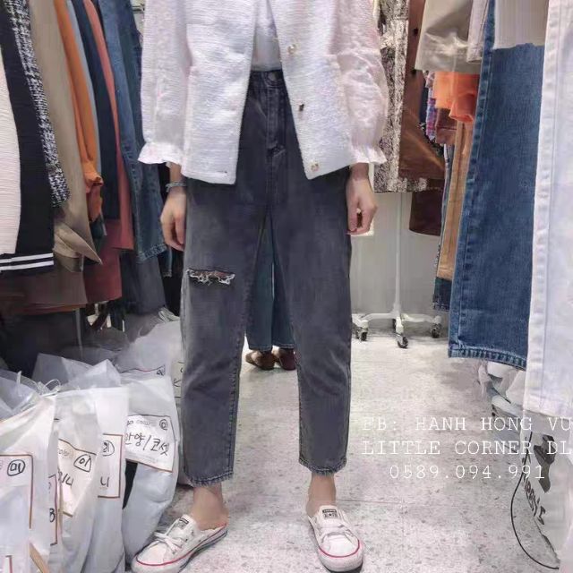 Quần slim baggy jeans xám rách bên ulzzang cạp cao kèm ảnh thật