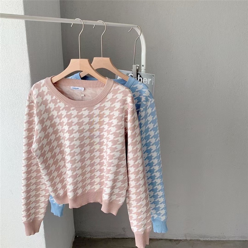 Áo len tay dài cổ tròn họa tiết Houndstooth phong cách Hàn Quốc