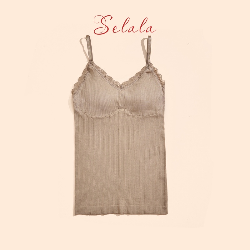 Áo 2 Dây Selala Dáng Dài Gân Tăm Viền Ren Co Giãn 4 Chiều 2S08