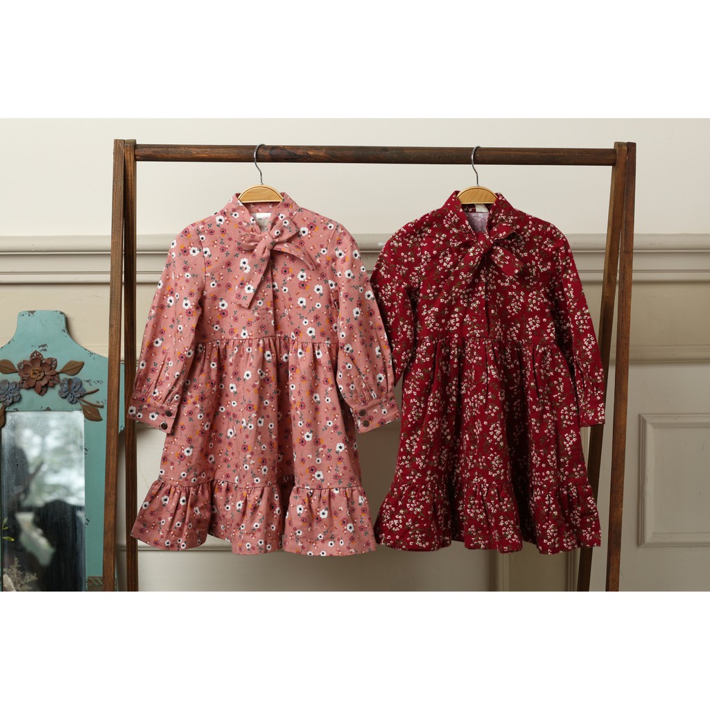 [LITTLE PINK] ELLEN DRESS - Váy hoa cổ buộc nơ bé gái