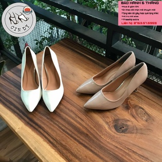 Giày cao gót nữ bít mũi gót nhọn da trơn cao 7 phân 2 màu trắng và nude, guốc cao gót nữ thời trang